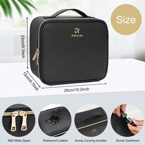 Relavel Travel Makeup Bag With LED Mirror, Cosmetic Train Case with Light up Mirror, Portable Makeup Artist Organizer Bag with Adjustable Dividers, Makeup Brush Holder Storage, Black