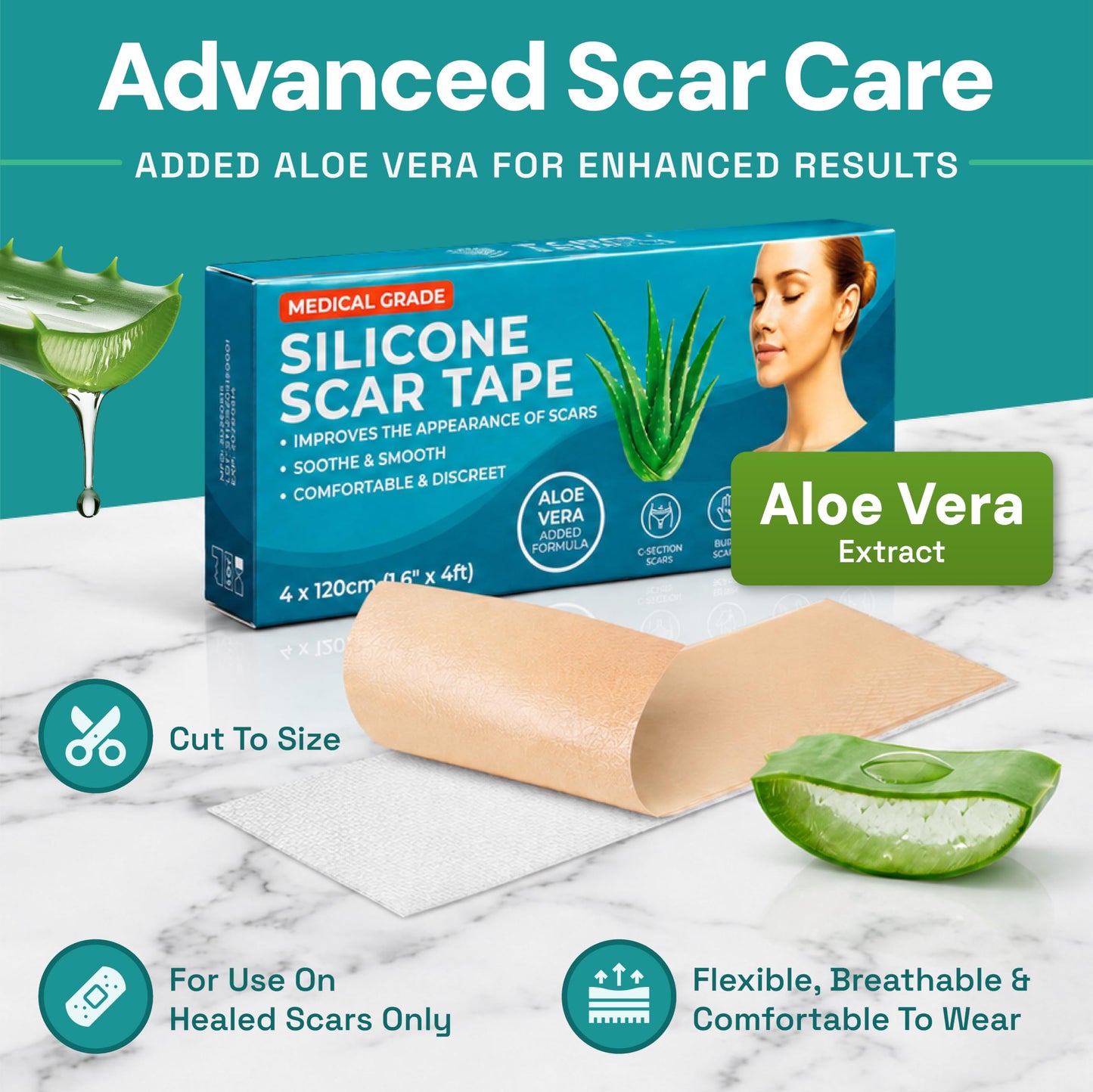 Silicone Scar Tape for Scar Treatment, Silicone Scar Sheets for Surgical Scars, C Section Scar Silicone Strips, Silicone Tape Medical Grade Aloe Vera Scar Tape, for Face and Body
