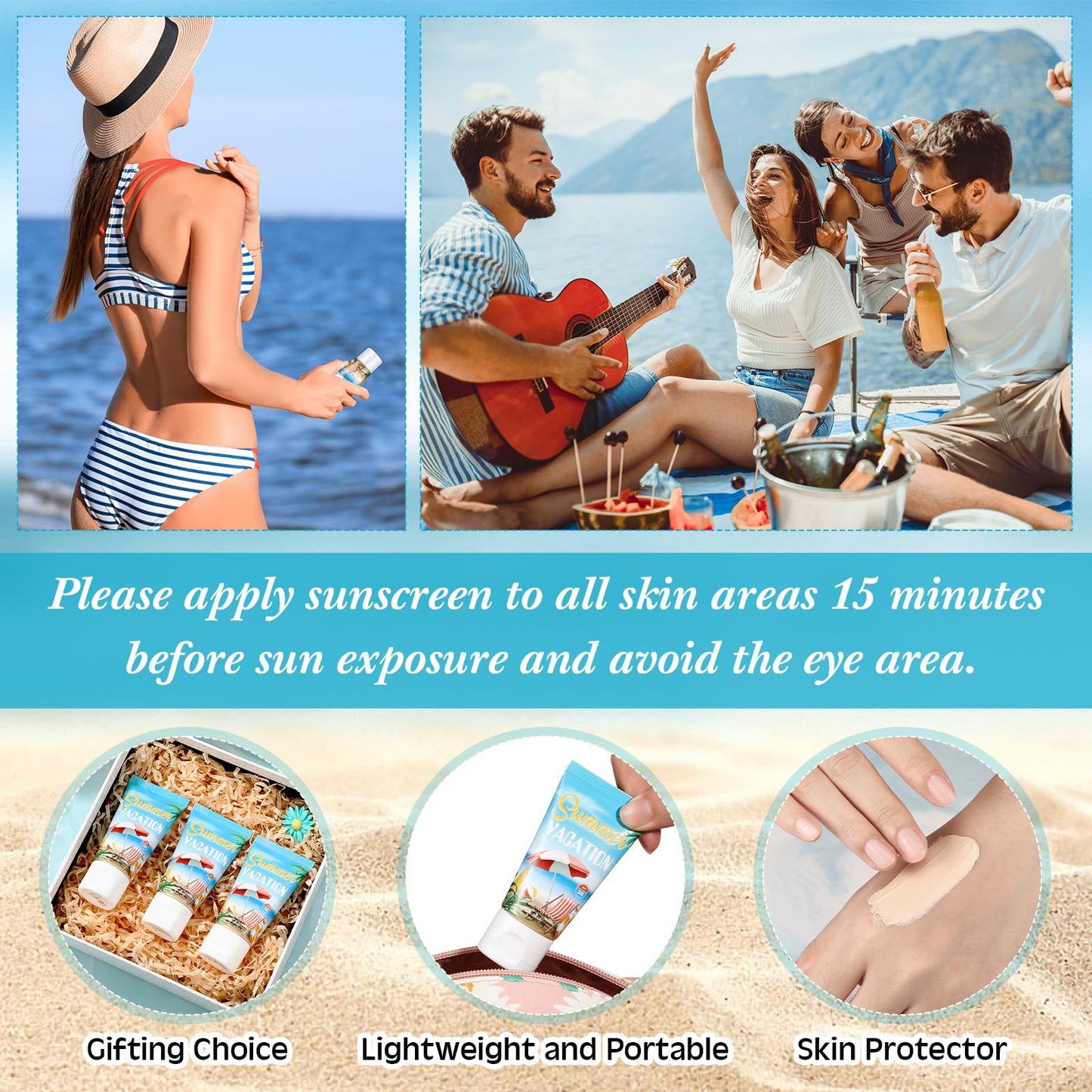 Dansib 36 Pcs Mini Tinted Sunscreen Bulk for Summer Vacation Party Spf 30 Water Resistant Sunscreen Lotion Bulk 1 oz Travel Size for Thank You Gifts Party Supplies (Vacation)