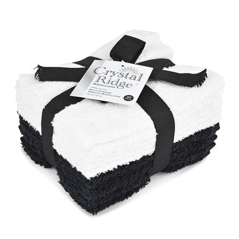 Crystal Ridge 100% Cotton Premium Wash Cloths, 12"x12", 10 Pack, Soft Feel, Absorbent Multipurpose Towels for Bathroom, Kitchen and Gym. Face & Body Washcloths, Bar Towels (10, White/Black)