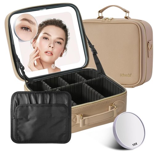 Mocado Travel Makeup Bag with LED Lighted Mirror,Travel Makeup Organizer,Makeup Case with 3 Color Lighted Setting and 10x Magnifying Mirror,Portable Storage and Adjustable Dividers Makeup Box(Khaki)