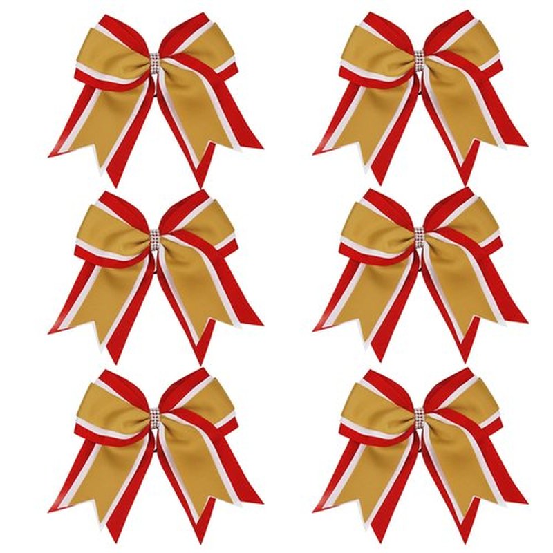 8 Inch 3 Colors 3 Layers 6 Pcs Cheerleader Bows Jumbo Cheerleading Bows Hair Elastic Hair Tie for High School College (Red/White/Gold)