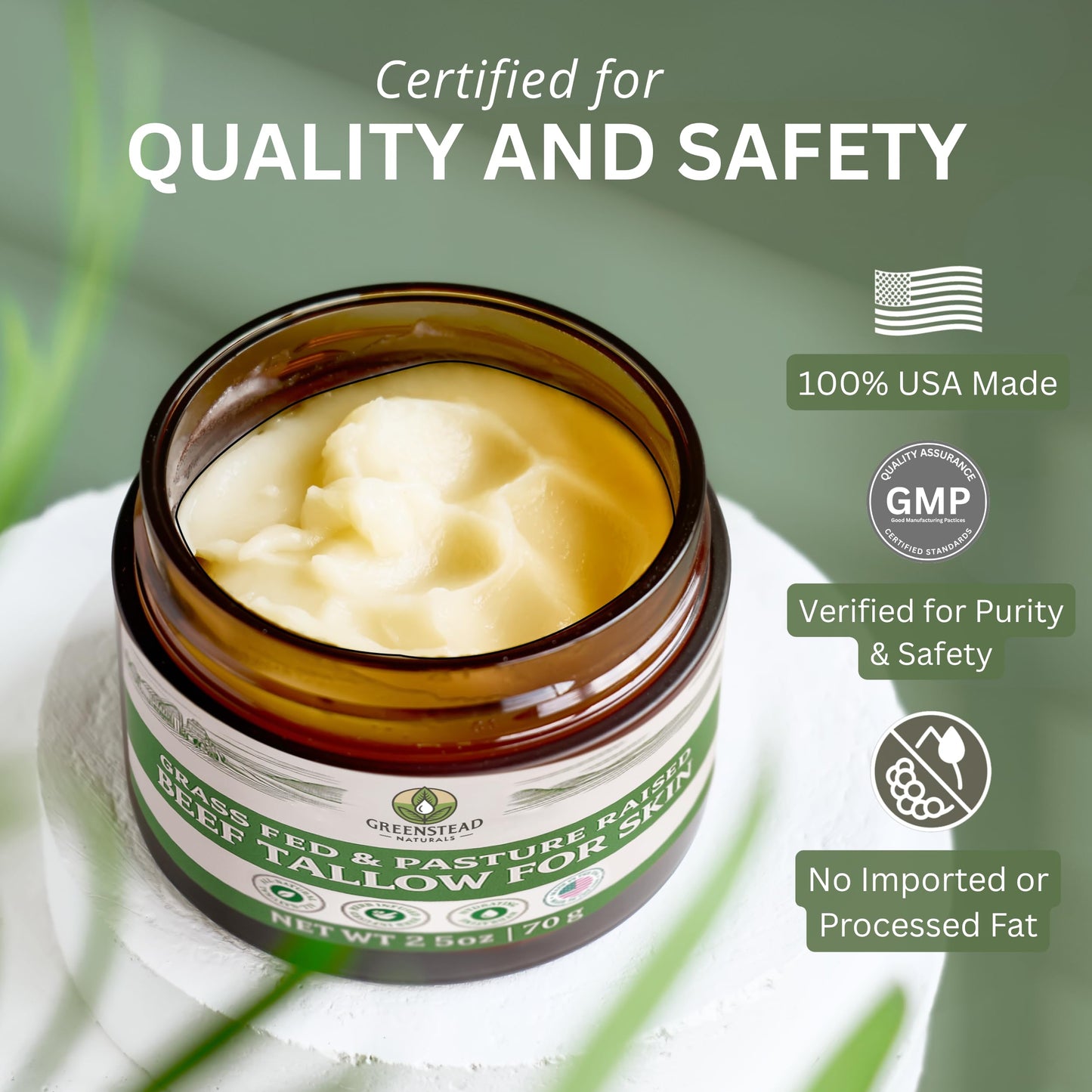 Greenstead Naturals Organic Beef Tallow for Skin – Whipped Tallow Balm for Skin Face and Body with Jojoba Oil and Cocoa Butter – No Added Fragrance, Herb-Infused – Large Size 2.5fl Oz Net Wt