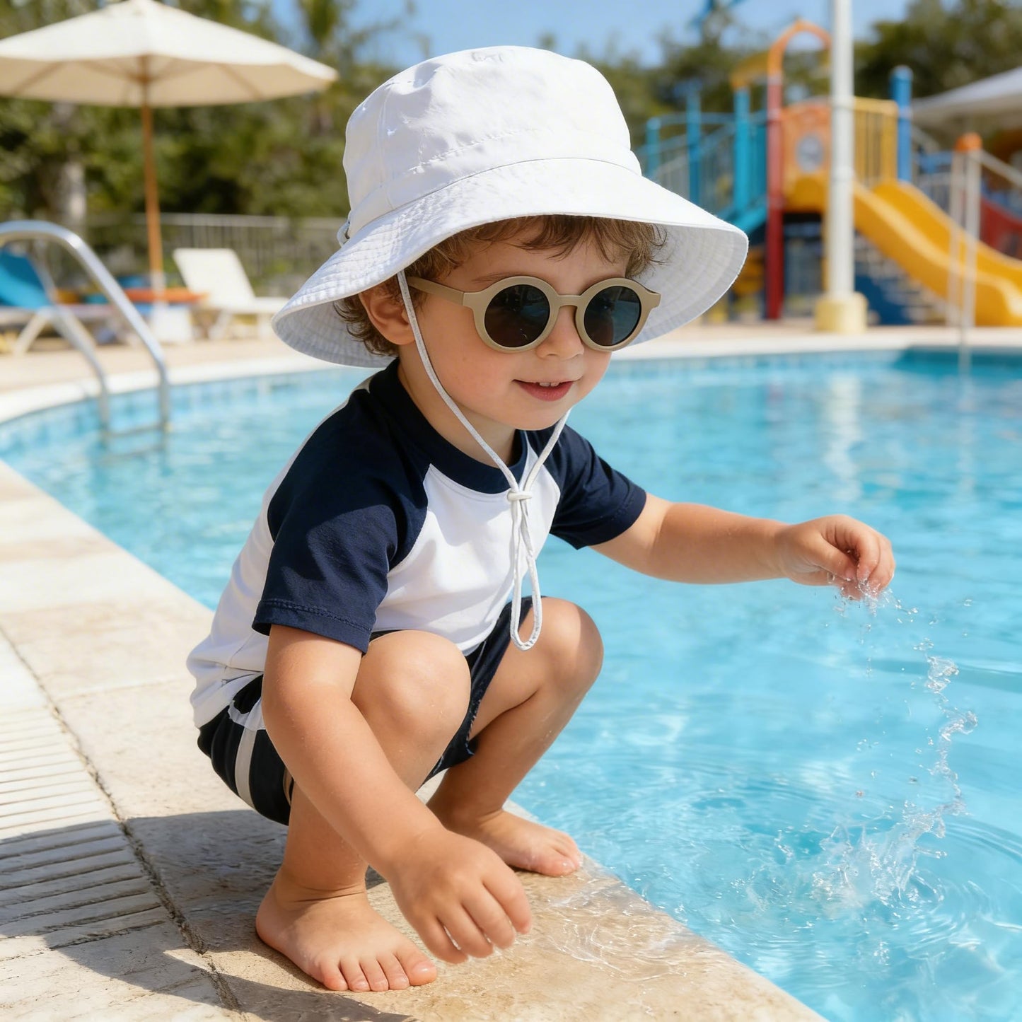 Baby Sun Hat and Sunglasses, UPF 50+ Kids Sun Hat with Ear and Neck Protection, Adjustable Summer Beach Hats with Bucket Wide Brim for Boys & Girls, Foldable Infant Sun Hat 0-6 Months, White