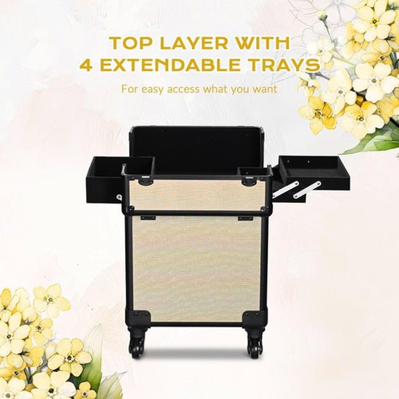BYOOTIQUE Rolling Makeup Train Case Aluminum Cosmetic Case Portable Makeup Organizer Suitcase with Removable Wheels Cosmetic Trolley Organizer Salon Makeup Artist Nail Tech,Grace ForgetMeNo