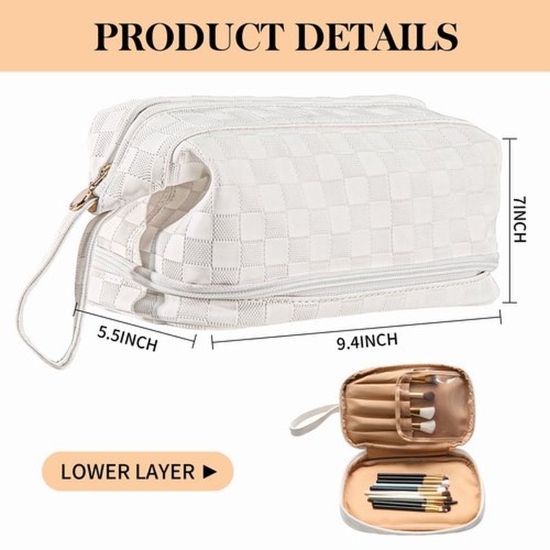 Abiudeng Large Makeup Bag,Double Layer Cosmetic Bag,Travel Makeup Bag,Leather Makeup Bag, Cosmetic Travel Bags,Portable Leather Toiletry Bag,Roomy Cosmetic Bag for Women and Girls