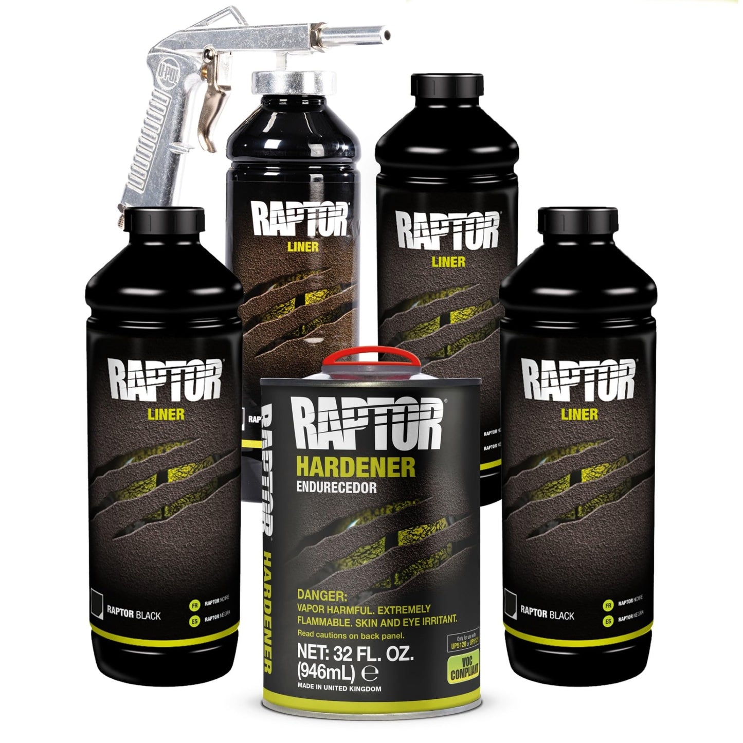 U-POL Raptor Black 0820VG with Spray Gun Bed Liner Kit – 4 Quarts, 2K Urethane, UV Resistant Protective Coating, DIY Spray-On Truck Bed Liner