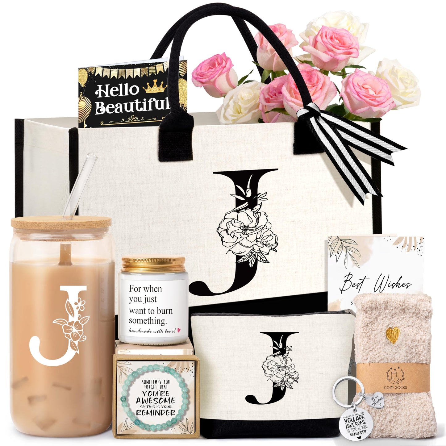 Lepiche Birthday Gifts for Women, Monogrammed Initial Gift for Teacher Wife Mom, Tote Bag,Glass Cup Gift Basket Personalized Christmas Mother's Teacher Appreciation Day,J