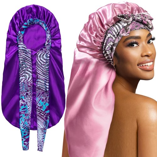 2Pack Bonnets for Black Women Braid Bonnet, Large Long Bonnet Satin Bonnet for Braids,Black Women Silk Bonnet with Stretchy Tie Band Braid Bonnet for Sleeping Extra Long (Purple&Pink Pattern)