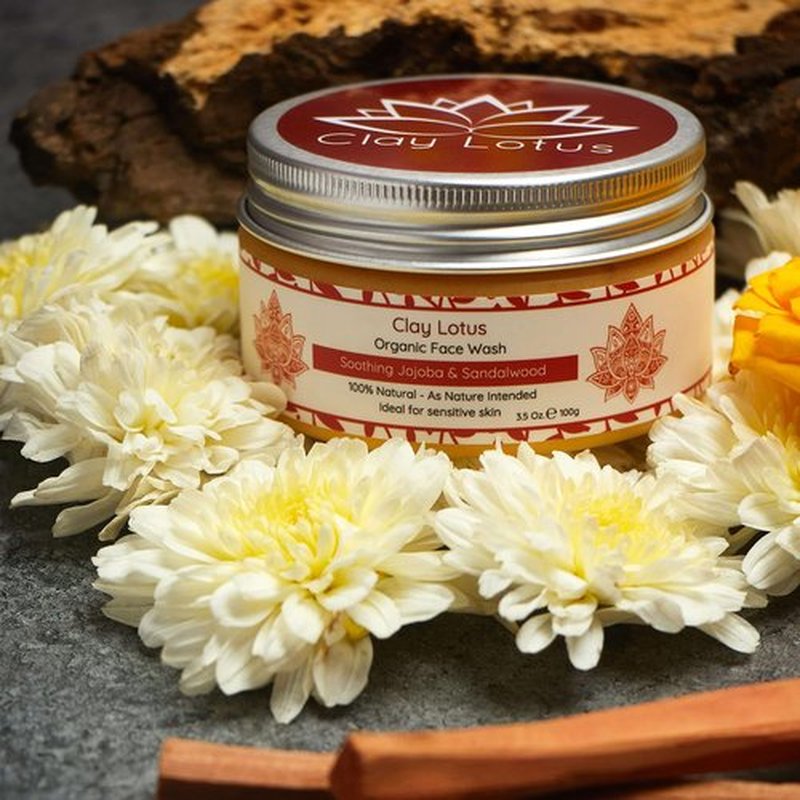 Clay Lotus Organic Face Wash - Gentle Cleanser for Sensitive Skin with Jojoba & Sandalwood. 100% Natural, Soothing, Hydrating, and Brightening. Non-Drying, Vegan Formula for Women & Men