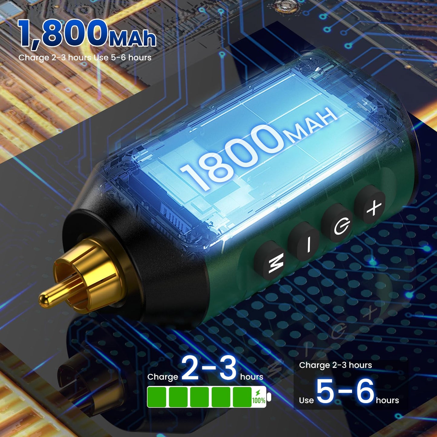 Wireless Tattoo Battery Pack Wormhole Tattoo Power Supply 1,800mAh Capacity with LED Digital Display Rechargeable Cordless Tattoo Power Supply RCA Lithium Battery Pack for Rotary Tattoo Machine WB15-B