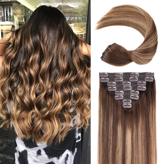 Human Hair Clip in Extensions #4/27 T4 Chocolate Brown to Caramel Blonde 120g 8pcs Straight Clips In Real Hair Extensions Human Hair,14inch Balayage Human Hair Extensions