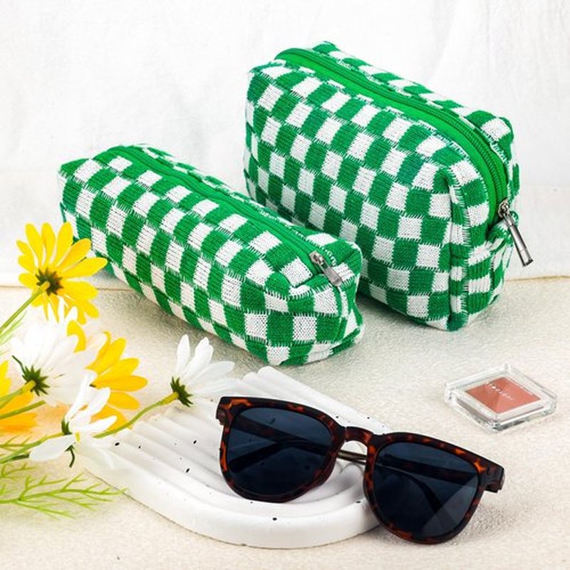 2Pcs Checkered Makeup Bag for Women Girls Pencil Pouch Travel Small Cosmetic Bag Set Cute Makeup Pouch Purse Pencil Case Pencil Bag Zippered Toiletry Bag Organizer Preppy Trendy Storage Bag(Green)