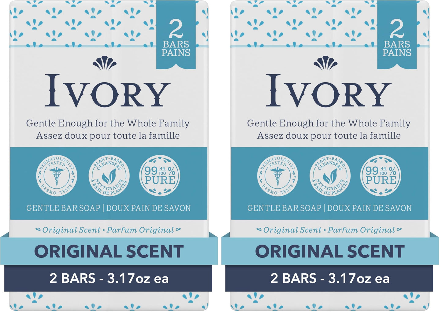 Ivory Gentle Bath Bar Soap, Designed for Whole Family, 99.44% Pure Formula with Plant-Based Cleansers, Made Without Heavy Perfumes, Parabens or Phthalates, Original Scent, 3.17 oz (2 Count)(Pack of 2)