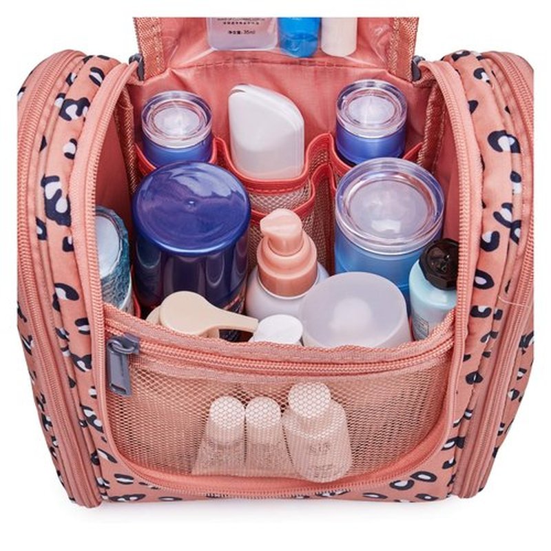 Narwey Small Hanging Toiletry Bag Women Travel Makeup Bag Organizer Toiletries Bag for Travel Size Essentials Accessories Cosmetics (Medium, Orange Leopard)
