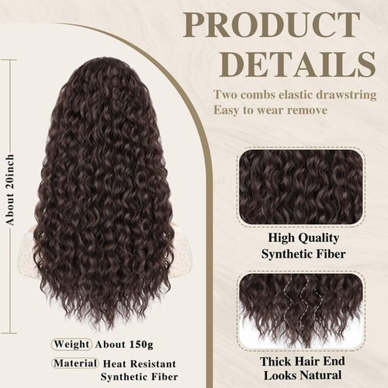 AISI BEAUTY Curly Ponytail Extension, Drawstring Ponytail Extension for Black Women Dark Brown Synthetic Clip in Ponytail Extension 20 Inch Long Curly Wavy Fake Ponytail Hairpieces for Daily Use