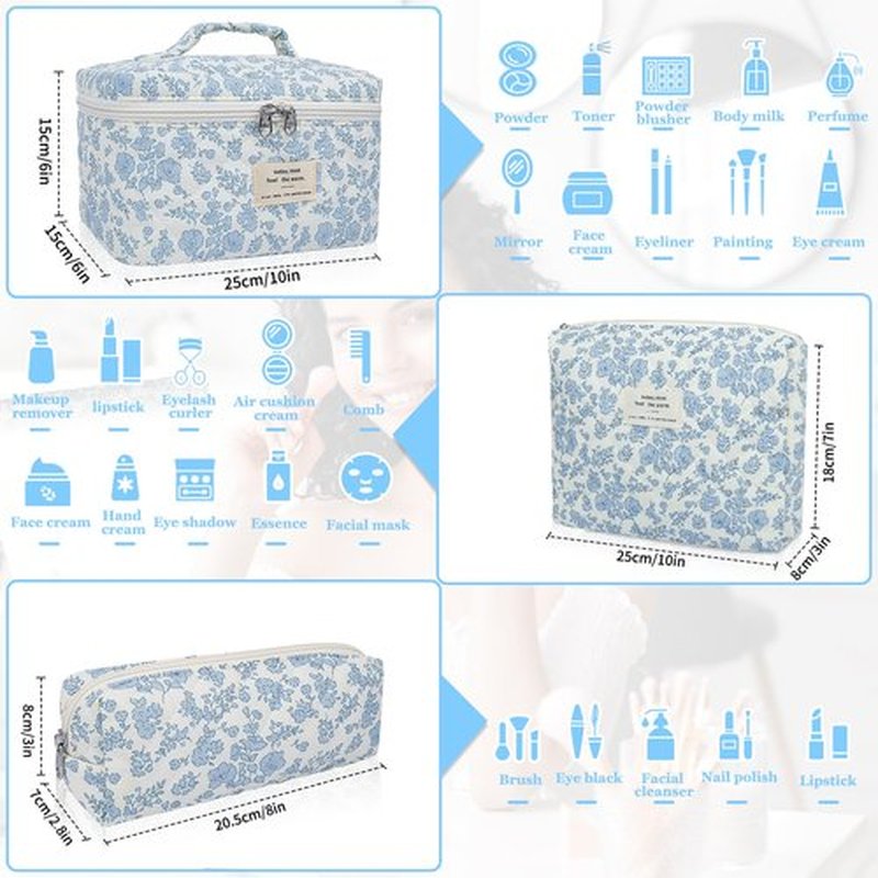 Makeup Bag Set, Quilted Makeup Bag, Large Floral Cosmetic Bag for Women, Cute Cotton Makeup Bags, Flower Travel Toiletry Organizer Bag
