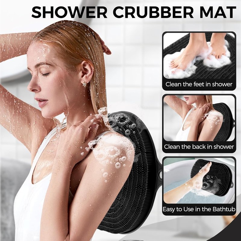 Wall Back Scrubber - Silicone Exfoliating Bath Mat with Non-Slip Suction Cups | 20.9"x13.8" Black