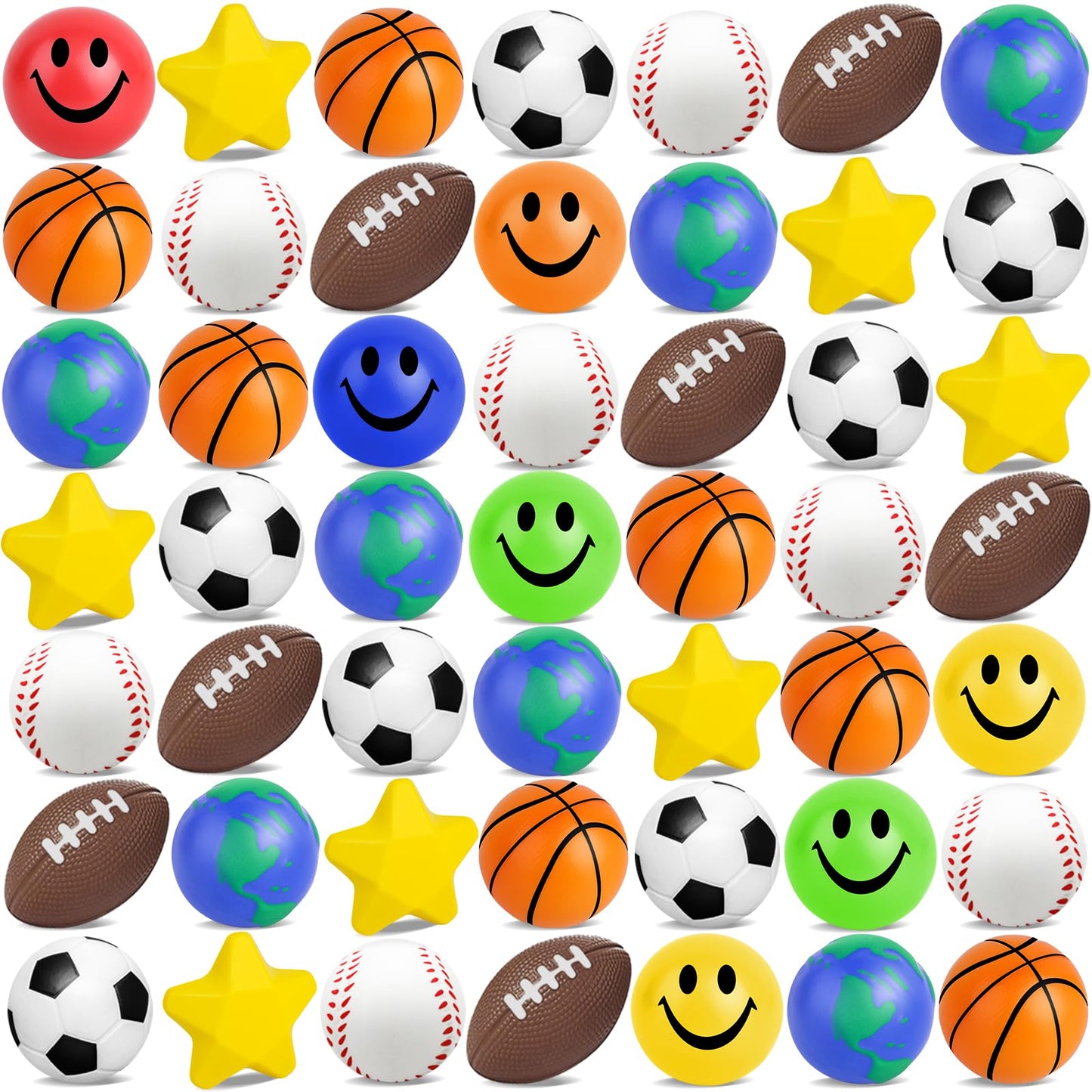 60 Pcs Sports Balls Bulk Kids Small Mini Stress Ball for Party Favor Toy, Including Basketball, Baseball, Football, Globe, Soccer, Star, Smile for Stress Relief School Prizes Carnival Fillers Gift