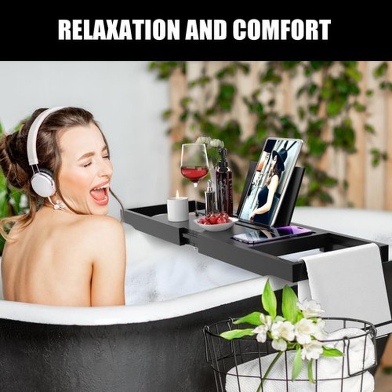 Premium Bathtub Caddy Tray,Expandable Bamboo Bath Tray for Tub,Foldable Minimalist Bathroom Accessories with Book Stand for Home Spa Relaxing,Unique House Warming Gifts,Black