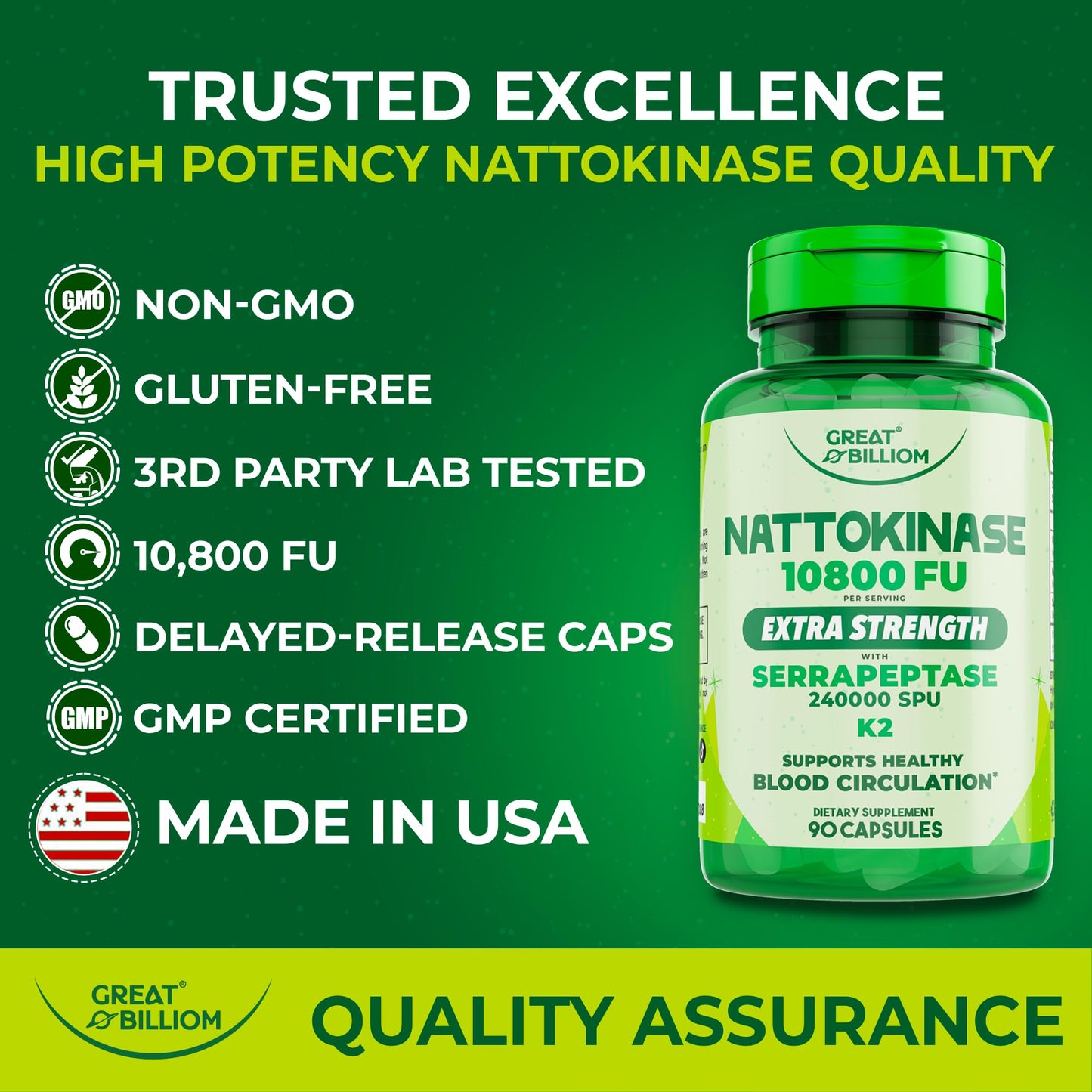 GREAT BILLIOM Nattokinase 10800 FU with Vitamin K2 MK-7 & Serrapeptase 240,000 SPU Supplement – Natto Enzyme, Heart Health Supplements for Blood Flow & Circulation Support, 90 Capsules