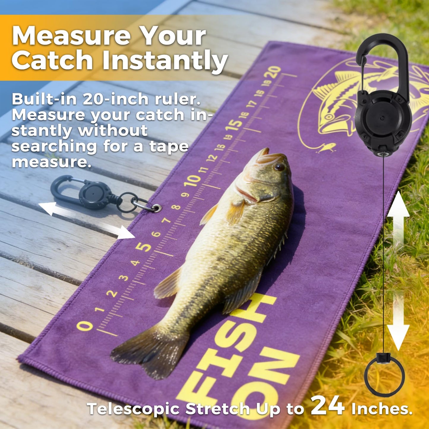 AUTUMNSWAN 2PCS Fishing Towel with Built-in Ruler and Retractable Carabiner Clip, 25.5" X9.8" Premium Microfiber Towel for Cleaning Hands & Tackle Gear, Bass Accessories, Fishing Gifts for Men Dad