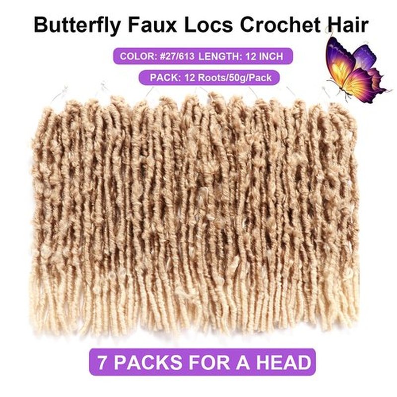 Butterfly Locs Crochet Hair-7 Packs Faux Locs Crochet Hair 12 Inch Distressed Soft Locs Crochet Hair For Black Women (12 Inch(Pack of 7), 27#/613#)