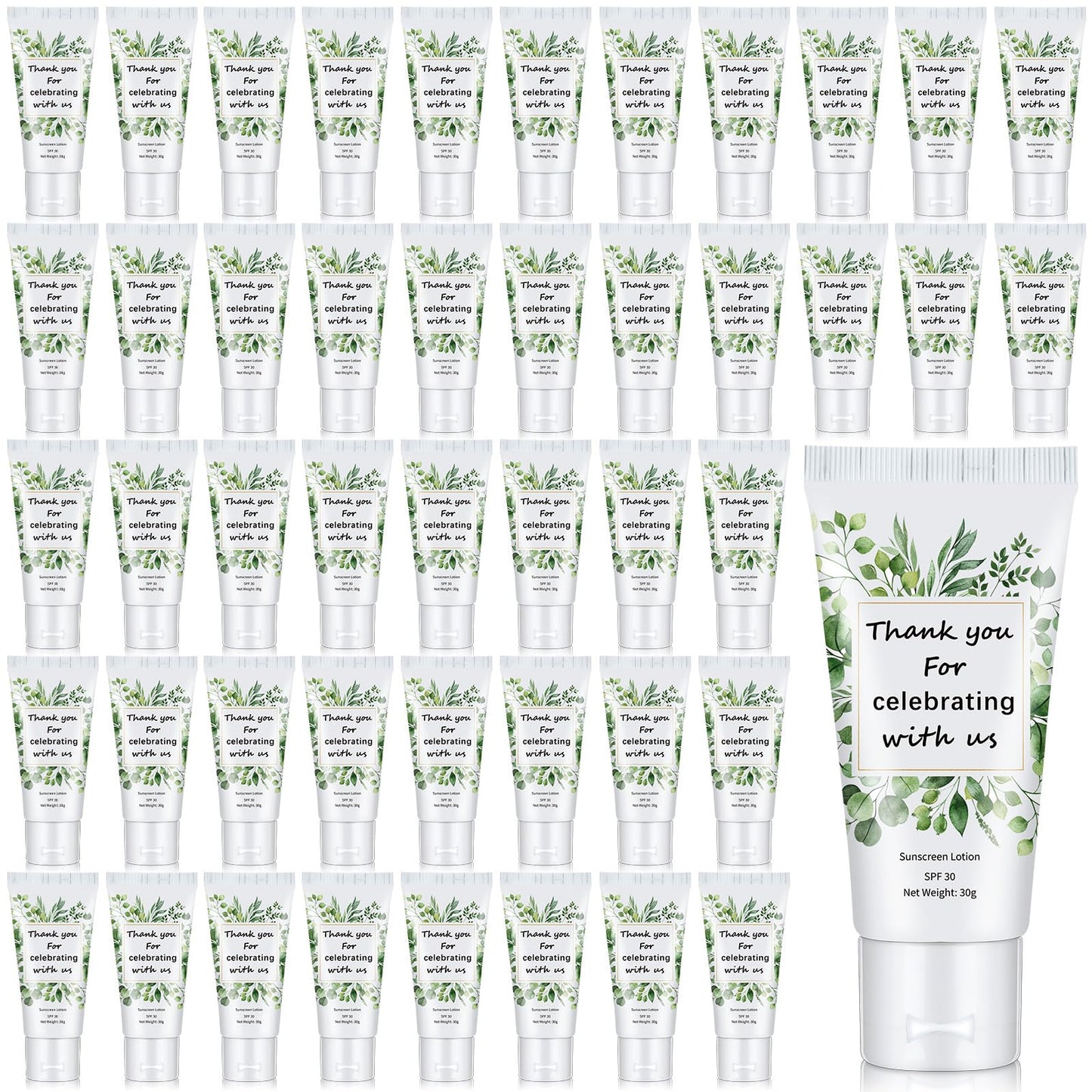 Dansib 48 Pcs Travel Size Mini Sunscreen Bulk for Summer Vacation Spf 30 Water Resistant Sunscreen Lotion Sunblock for Thank You Gifts Hawaiian Wedding Pool Party Favor (Leaf)