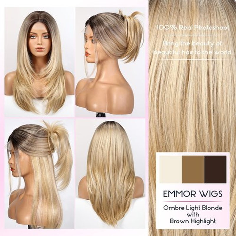 EMMOR Long Layered Wigs,Natural Central Lace Bob, Premium Heat-Resistant Synthetic Straight Wigs for Women Daily Use(Ombre Light Blonde with Brown Highlight)