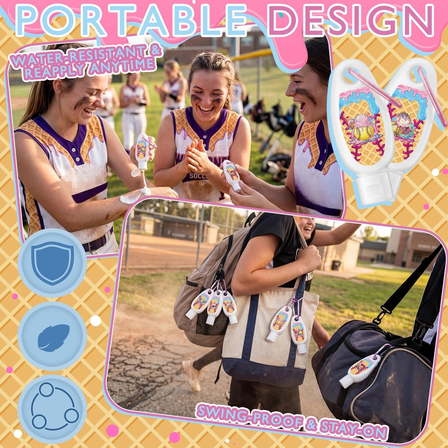 Leelosp 24 Pcs Softball Drip Mini Sunscreen Bulk Travel Size 1oz Cream Drip Party Favor Softball Team Gifts Bulk Sunscreen Keychain with Clip Spf 30 Broad Spectrum Sport Accessory Girl