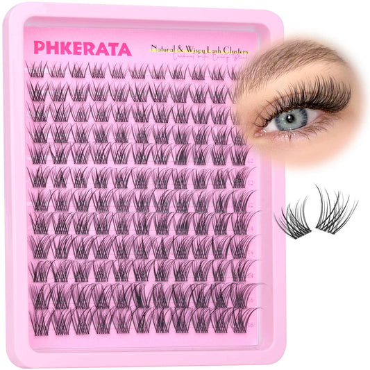 PHKERATA Wispy Lash Clusters Invisible Band Eyelash Clusters Natural Lashes Clusters 120 pcs C Curl Cluster Eyelash Extensions Ultra Thin Clear Band Individual Lashes at Home, 8-16mm