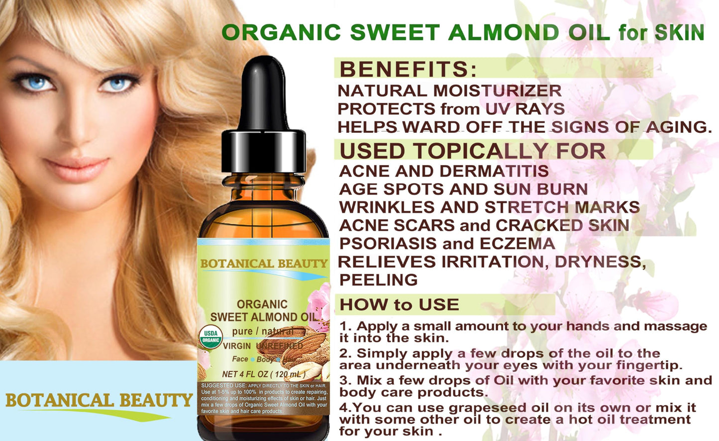 Botanical Beauty‎ Organic SWEET ALMOND OIL 100% Pure Natural Virgin Unrefined Undiluted Cold Pressed Carrier Oil for Face, Skin, Body, Hair, Massage, Nails. 1 Fl. oz - 30 ml
