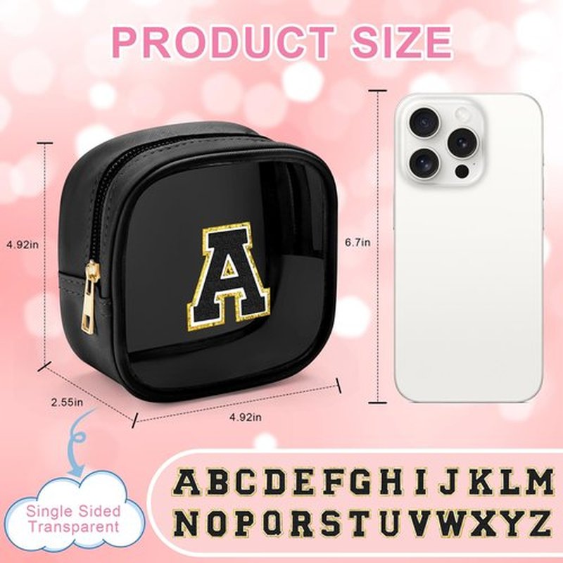 YOOLIFE Initial Mini Makeup Bag | Make Up Bag Travel Toiletry Bag | Clear Makeup Bag | Preppy Cosmetic Bags Organizer Travel Essentials Gifts for Women Teen Girlfriend Teacher Brithday Gifts Black A
