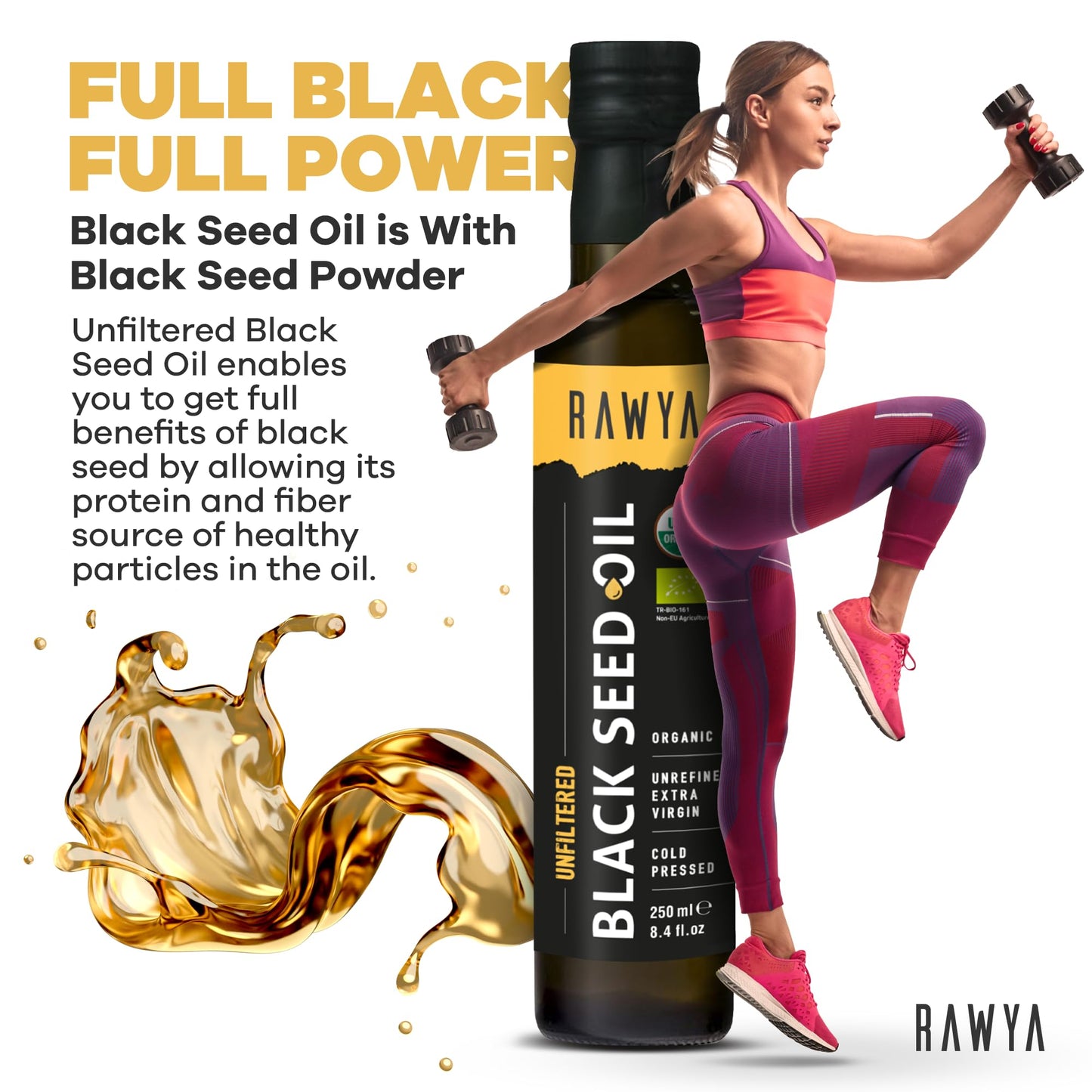 RAWYA Black Seed Oil - Organic Cold Pressed Nigella Sativa - Turkish Origin - USDA Organic - Natural Supplement - Black Cumin Seed Oil - Rich Flavor & High Concentration - 2 PACK - 250ml Glass Bottle