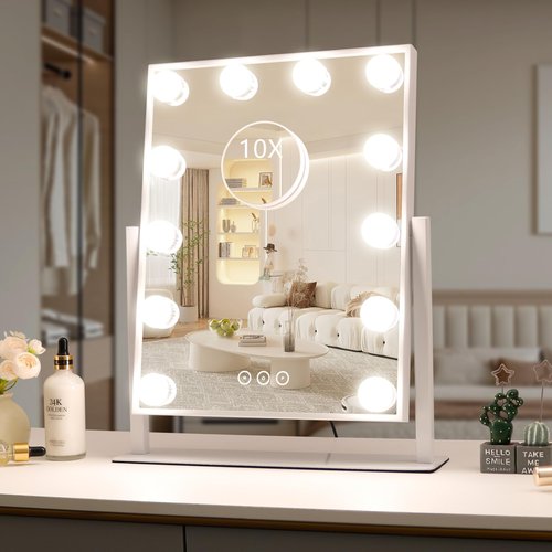Vanity Mirror with Lights,Lighted Vanity Mirror with 12 Dimmable Bulbs for Dressing Room & Bedroom,3 Color Lighting,Modes Detachable 10x Magnification 360°Ratation