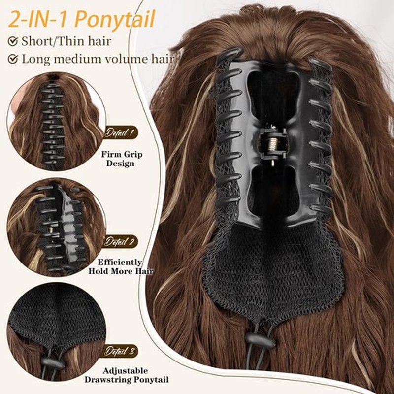 ORSUNCER Ponytail Extension Claw 30" Curly Pony Tail Clip in Claw Hair Extensions Fluffy Natural Looking Synthetic Hairpiece for Women Light Brown Highlight