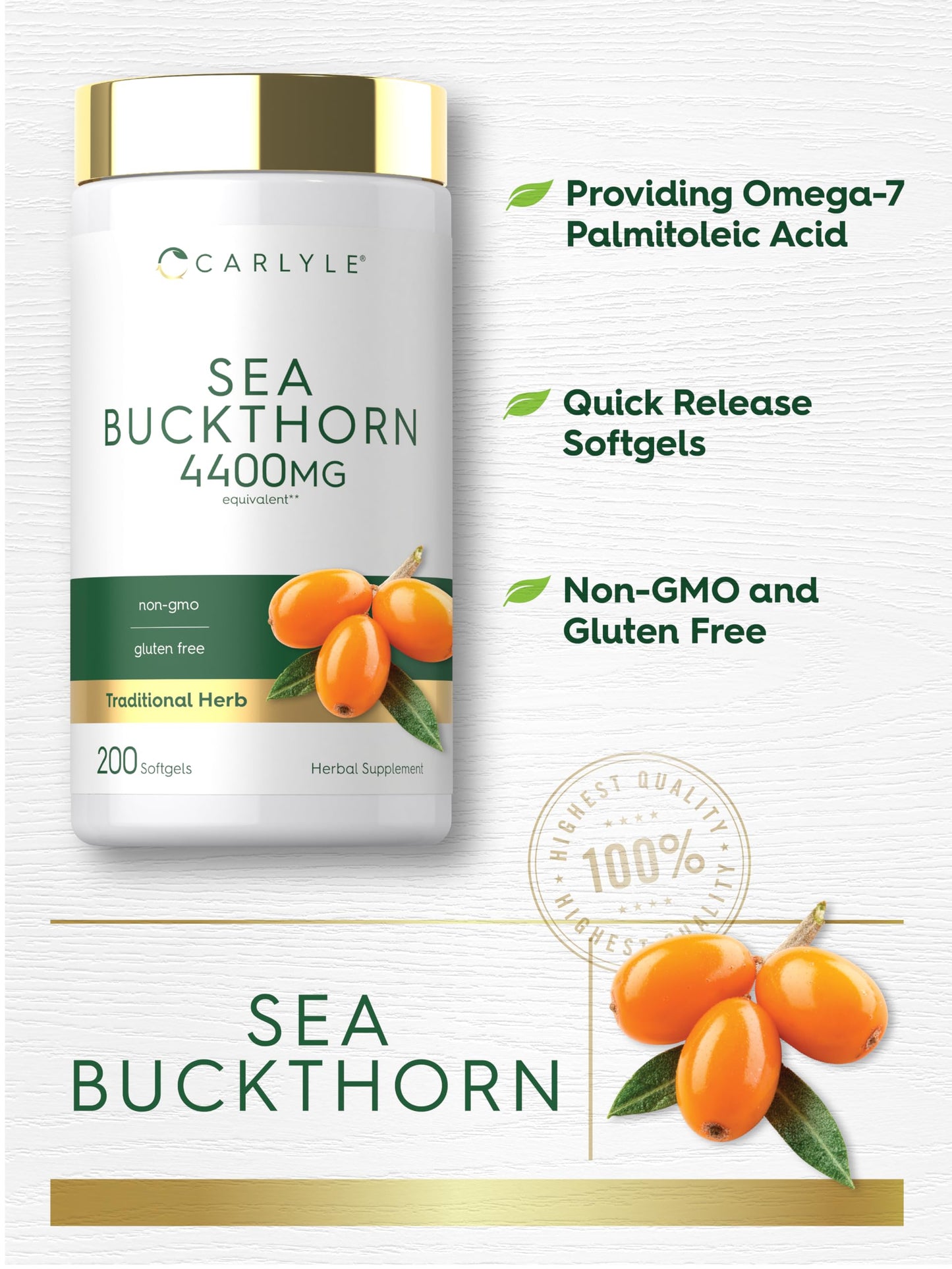 Carlyle Sea Buckthorn Oil Capsules | 200 Softgels | Non-GMO, Gluten Free | Sea Buckthorn Berry Oil Supplement