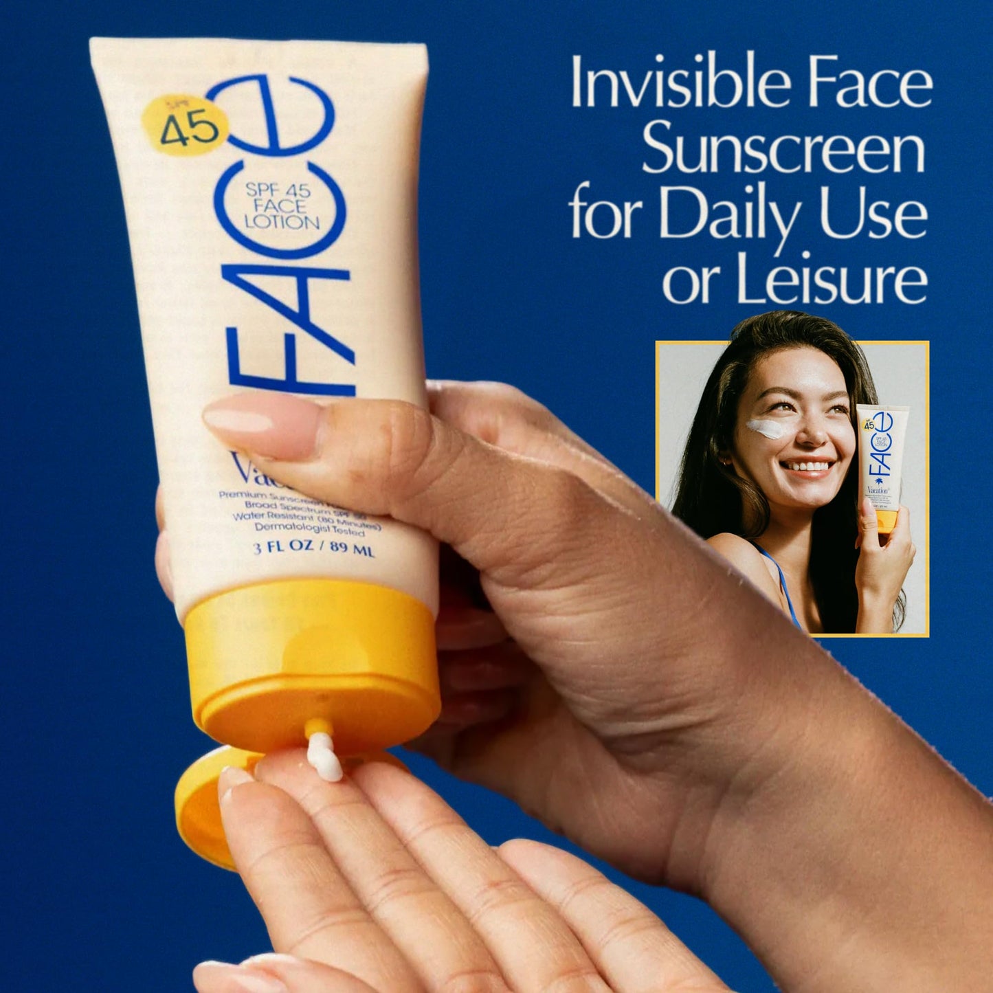 Vacation Classic Face Sunscreen Lotion SPF 45, 3 Fluid Ounces - Sunscreen for Face, Lightweight, Daily Use, Transparent on All Skin Tones, Water-Resistant, Dermatologist-Tested, Vegan