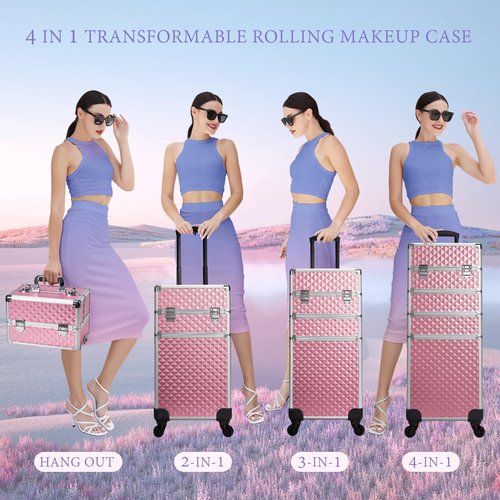 Stagiant Rolling Makeup Train Case Large Storage Cosmetic Trolley 4 in 1 Large Capacity Trolley Makeup Travel Case with Key Swivel Wheels Salon Barber Case Traveling Cart Trunk - Pink