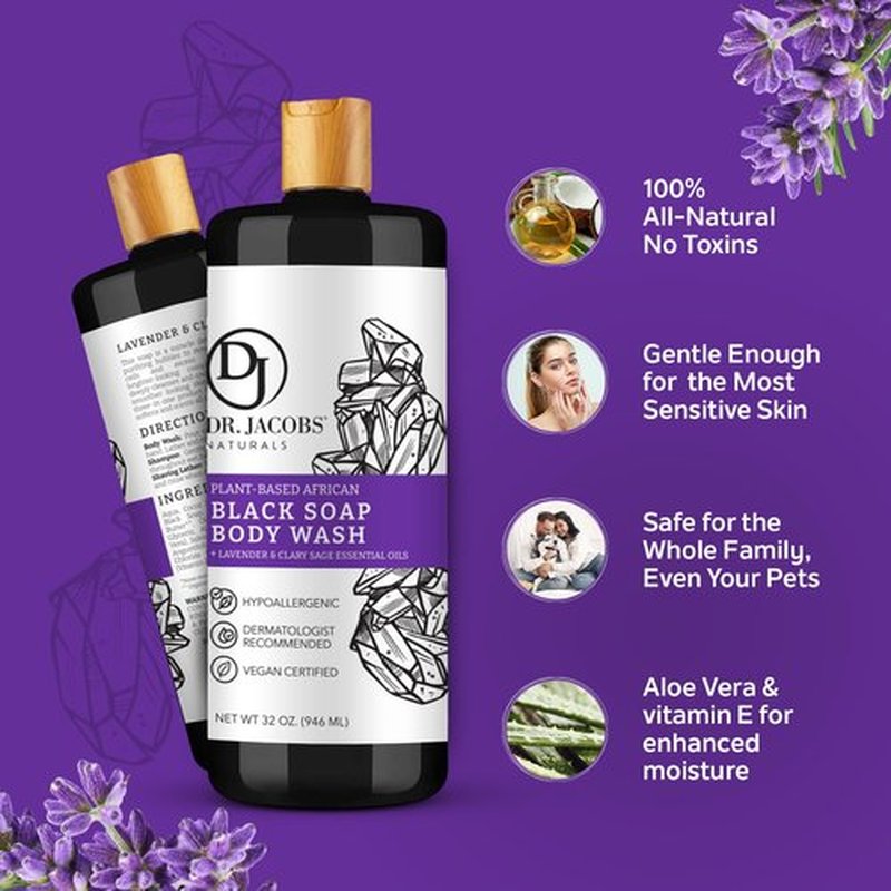 Dr Jacobs Naturals Authentic African Black Liquid Soap with Lavender & Sage Scent All-In-One Face Wash, Sensitive Skin Body Wash, Shampoo, Shaving Soap | Moisturizing and Nourishing Formula 32oz 1pk