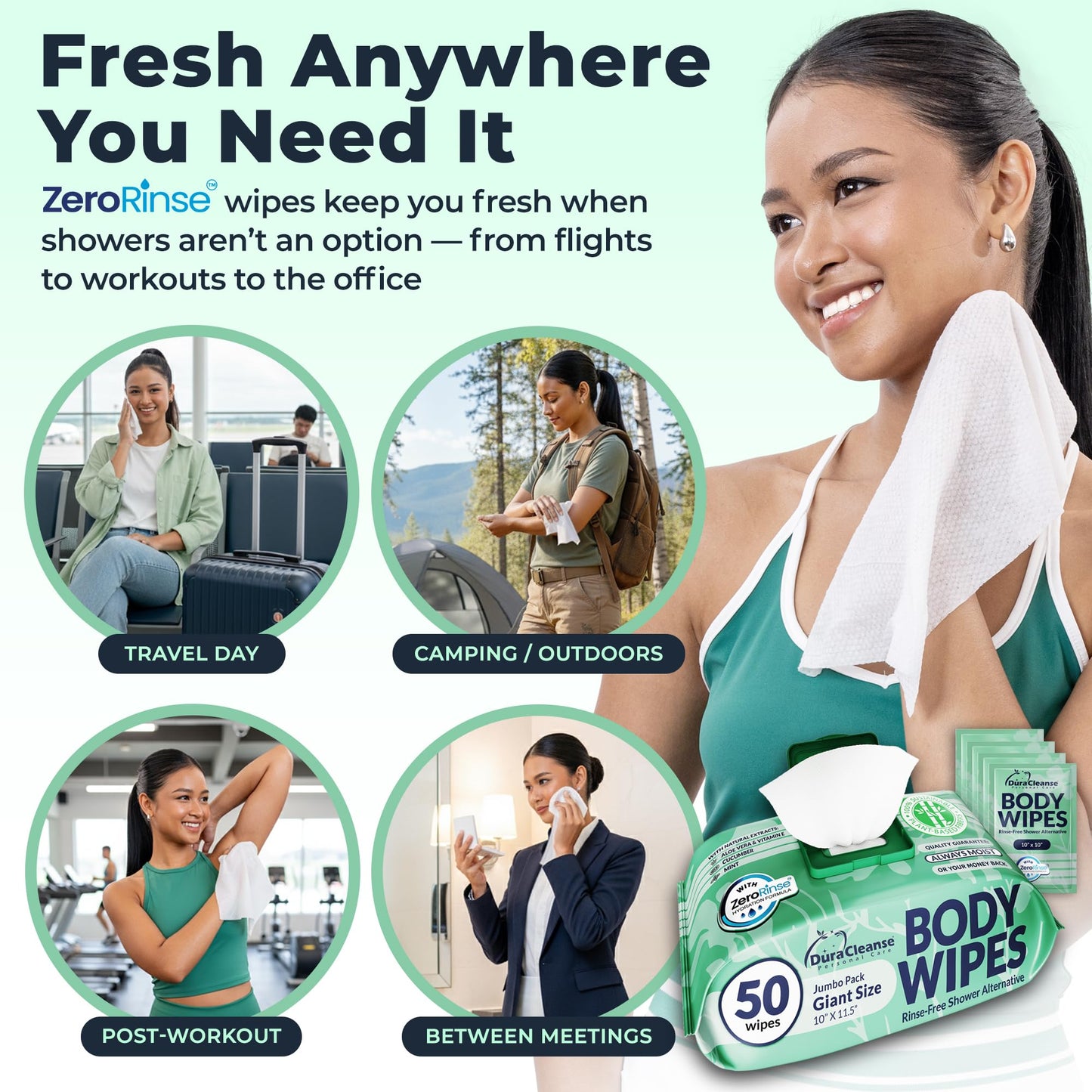 Body Wipes for Women, Extra Moist No Rinse Bathing Wipes - 50 XL Shower Cloths + 4 Travel Bath Sheets -10"x11.5" After Gym & Post Workout Deodorant, Disposable Washcloths, Womens Hygiene Essentials