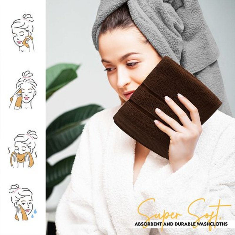 Utopia Towels - 216 Pack Viscose Luxury Wash Cloths Set (12 x 12 Inches) Cotton Ring Spun, Highly Absorbent and Soft Feel Essential Washcloths for Bathroom, Face Towel, Gym and Spa (Brown)