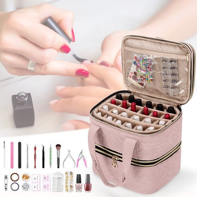 Yarwo 3 Layers Nail Polish Organizer Holds 48 Bottles (15ml/0.5 fl.oz), Detachable Nail Polish Case with Adjustable Dividers, Travel Case for Manicure Set, Dusty Rose (Bag Only, Patent Pending)