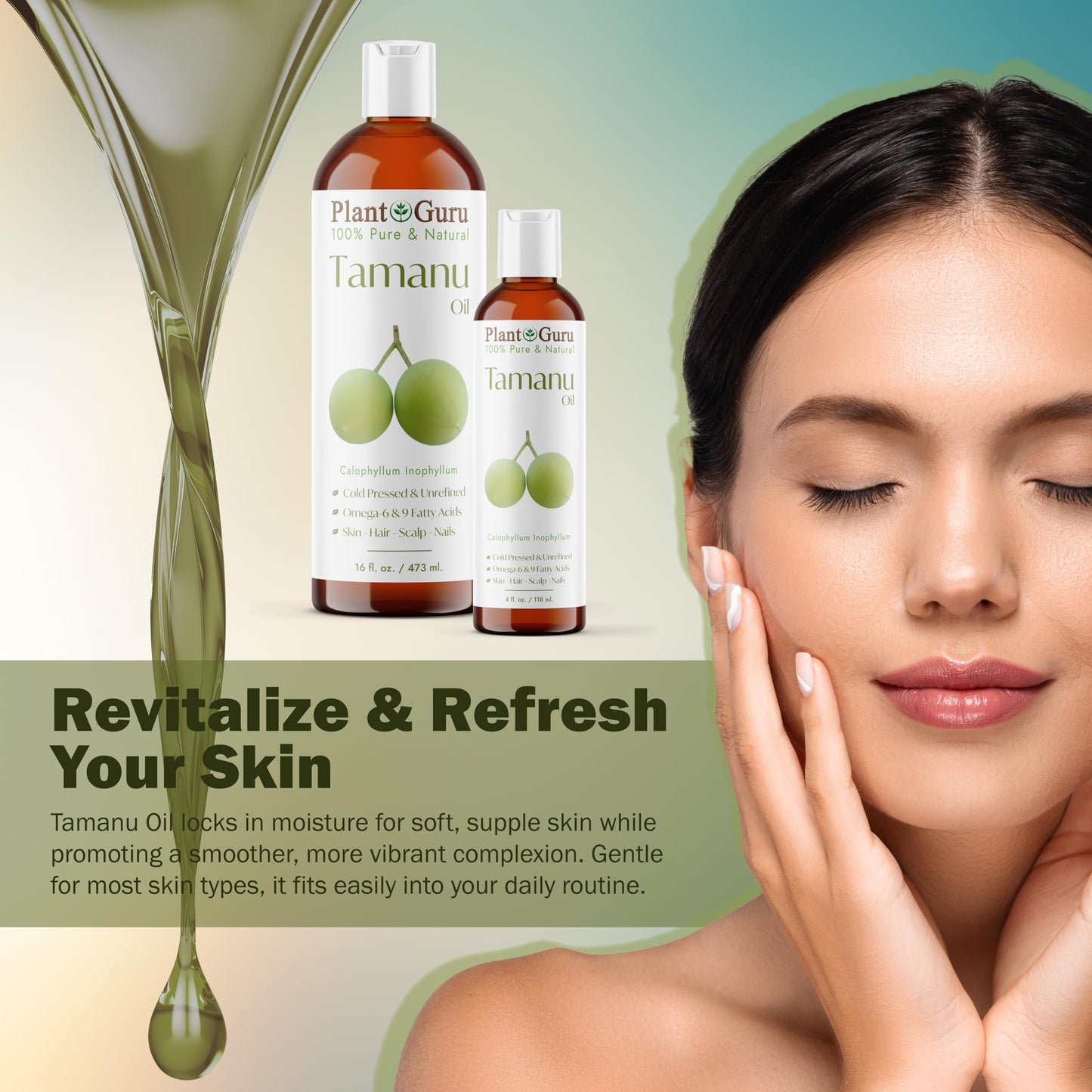 Plant Guru Tamanu Oil 8 fl. oz. – Cold‑Pressed 100% Pure & Natural Unrefined Carrier Oil for Skin, Face, Body & Hair Moisturizer. Ideal for DIY Creams, Lotions, Soaps & Lip Balms.
