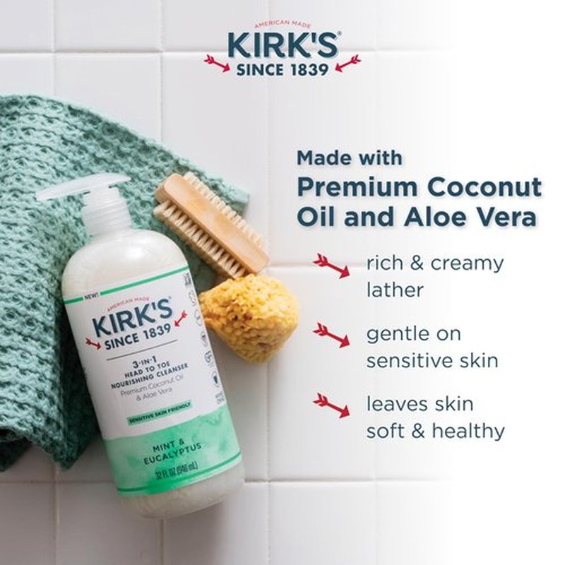 Kirk's 3-in-1 Liquid Soap Head-to-Toe Shampoo, Face Soap & Body Wash for Men, Women & Children | Mint & Eucalyptus Scent | 32 Fl Oz. - 2 Pack