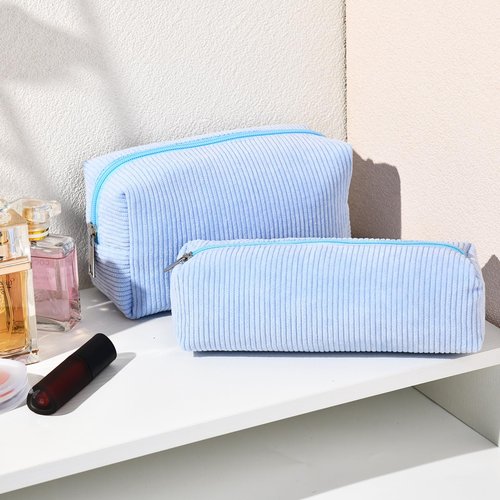 SOIDRAM Makeup Bag Corduroy Cosmetic Bag Cute Blue Makeup Pouch 1Pcs Large Capacity Makeup Bags and 1Pcs Makeup Brushes Storage Bag Travel Toiletry Bag Organizer