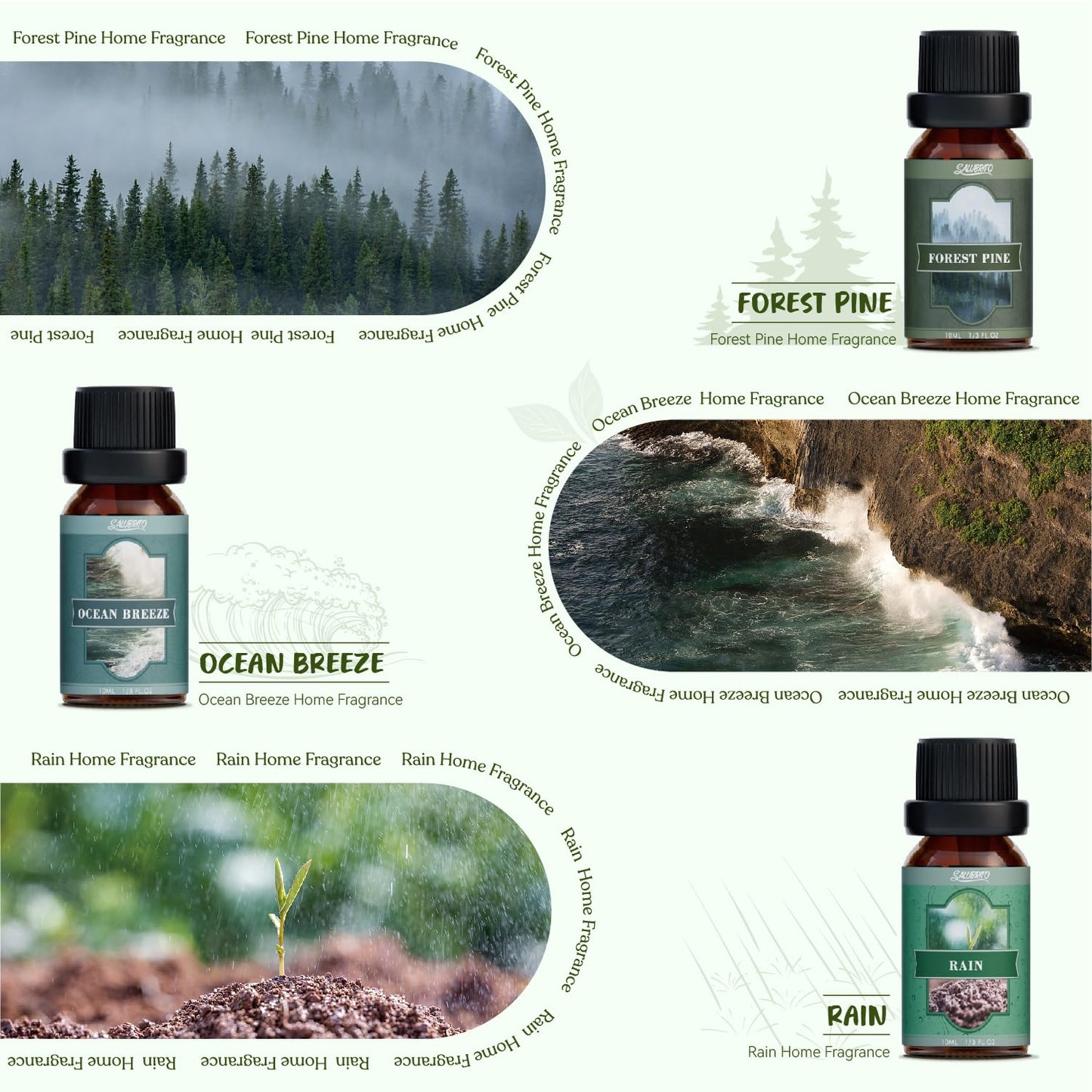 SALUBRITO Nature Fragrance Oils Set, Essential Oils Set - Forest Pine, Ocean Breeze, Rain, Fresh Cut Grass, Mountain Air, Bamboo, Premium Scented Oil for Diffuser, Candle, Soap Making