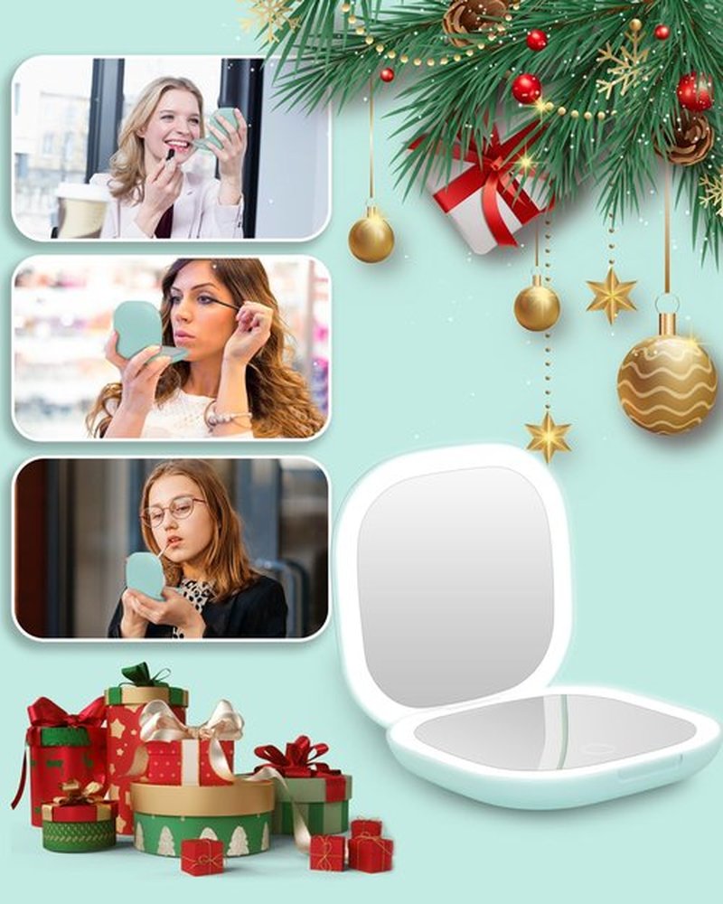 Dec.Metu Compact Mirror, 1X/5X Magnification Pocket Travel Makeup Mirror with Lights for Purse Rechargeable Small Handheld Mirror for Gift Green