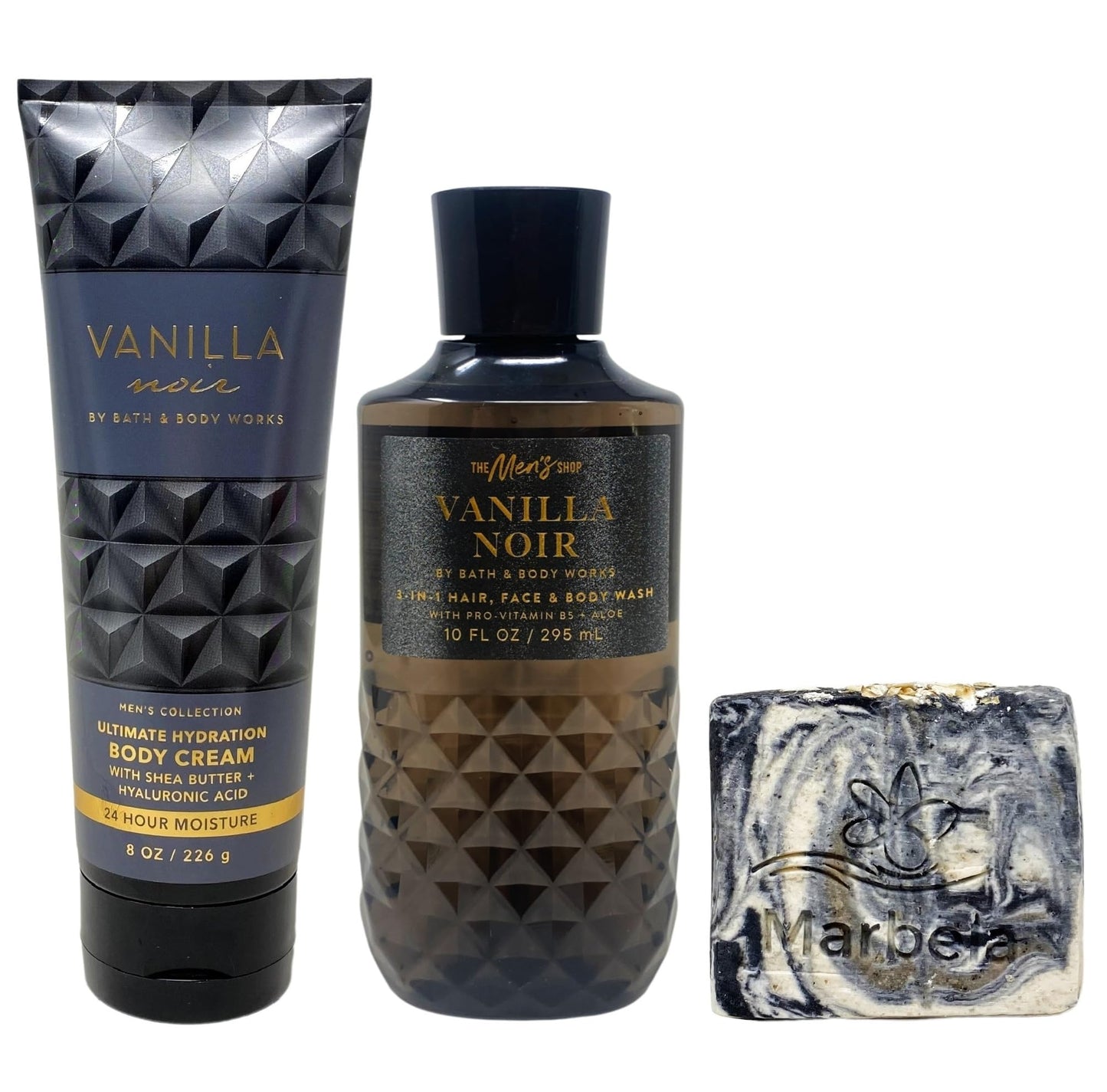 Bath & Body Works Vanilla Noir - Body Cream and 3-in-1 Hair, Face & Body Wash - with a Charcoal Scrub Bar Soap