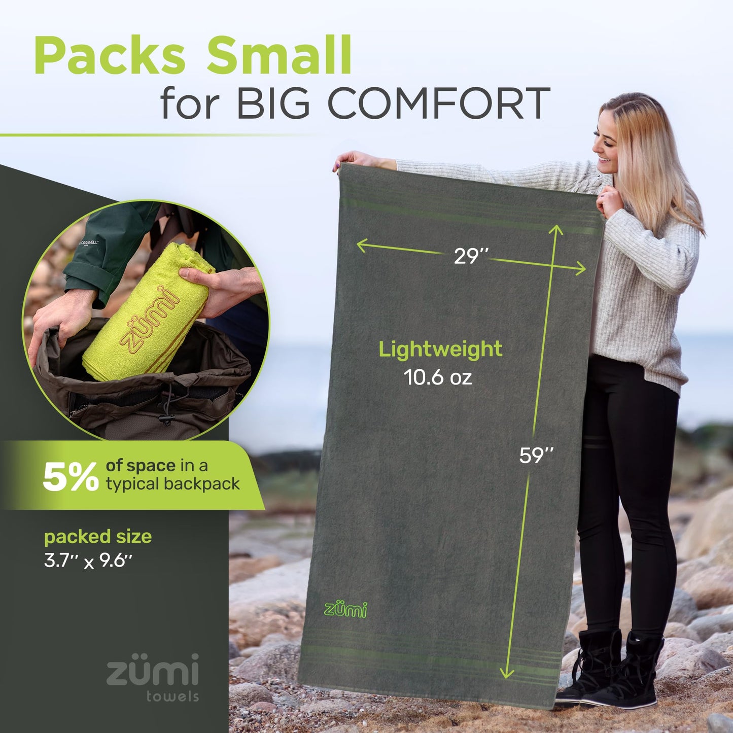 Zumi 100% Cotton Quick Dry Large Travel Towel - Soft, Thin, Compact, Highly Absorbent, Lightweight Camping Towel for Beach, Gym, Bath, Shower, Swimming, Pool, Dorm, RV - Gray